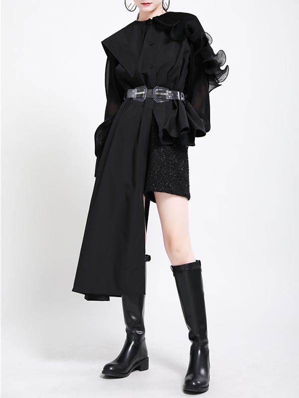 Long Sleeves Loose Asymmetric Pleated Solid Color Split-Joint Falbala Lapel Blouses&Shirts Tops Product Image