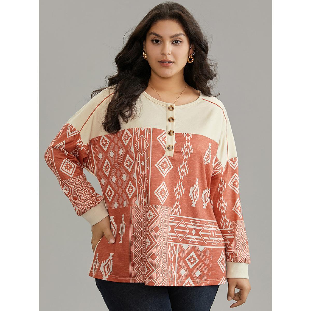 Plus Size Boho Print Patchwork Contrast Button Up Sweatshirt Women Multicolor Casual Contrast Open Front Dailywear Sweatshirts BloomChic 14-16/1X Product Image