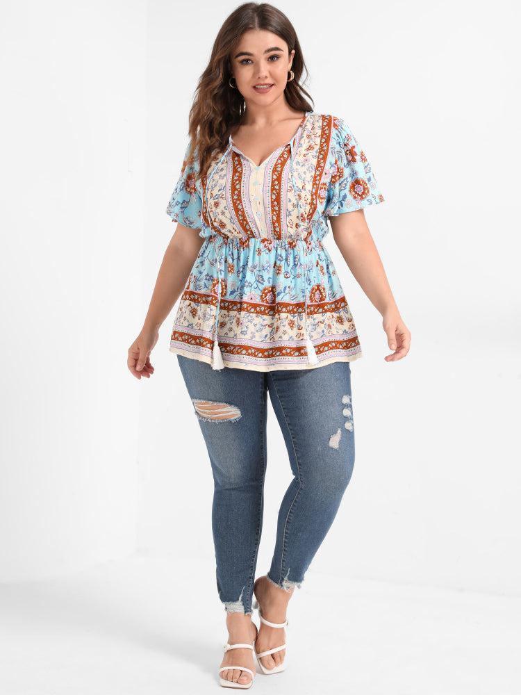 Floral Ruffled Ties V Neck Blouse Female Product Image