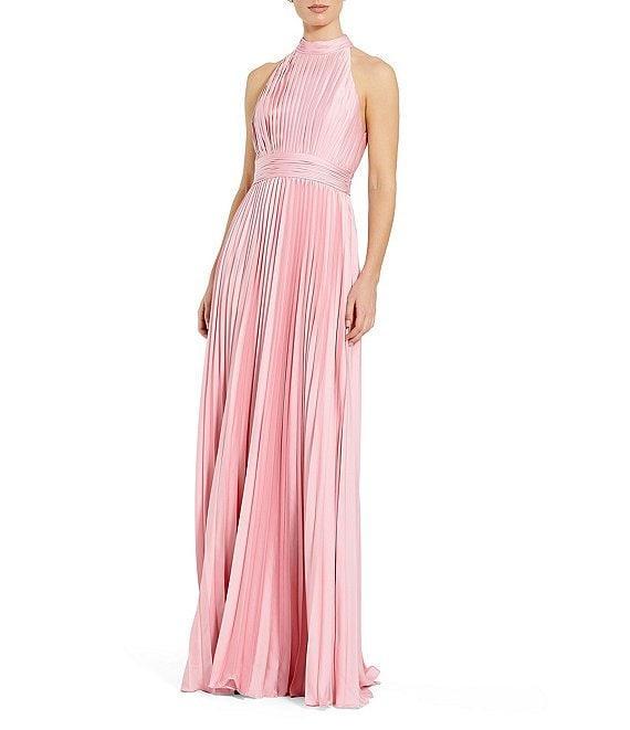 Mac Duggal Satin Pleated Halter Neck Sleeveless A-Line Dress Product Image