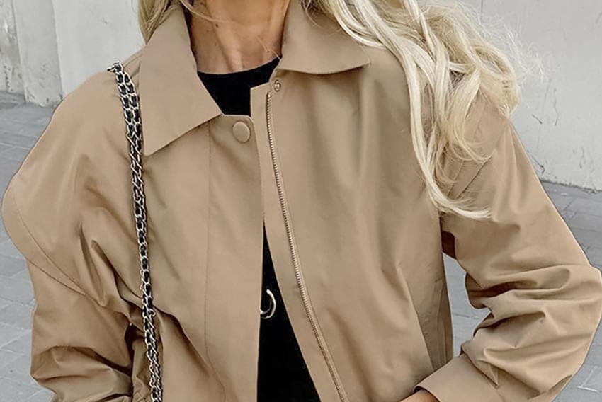 Collared Plain Zip-Up Jacket Product Image