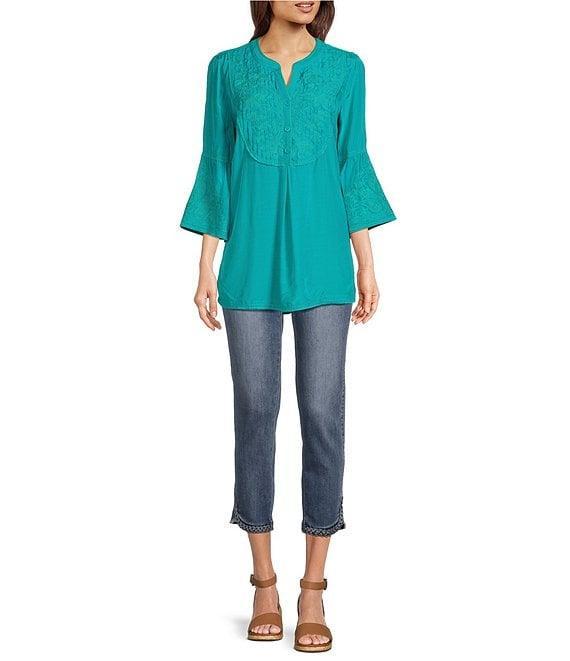 John Mark Floral Embroidered Split V- Neck 3/4 Flared Sleeve Pintuck Button Front Woven Tunic Product Image