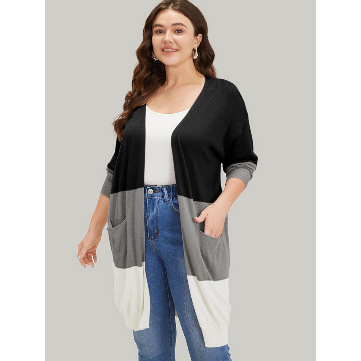 Plus Size Supersoft Essentials Colorblock Pocket Tunic Cardigan Black Women Casual Loose Long Sleeve Everyday Cardigans BloomChic 14-16/1X Product Image