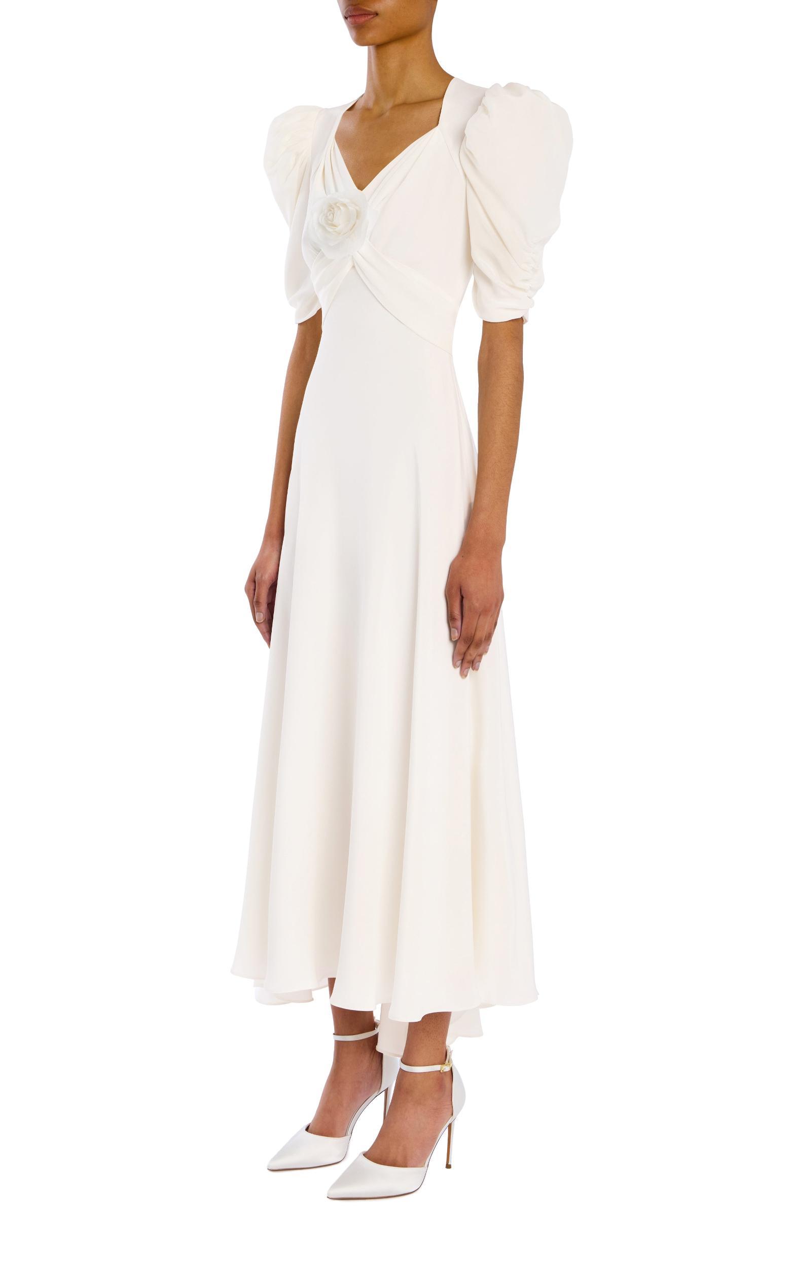 Silk Crepe Puff Sleeve Dress with Flower Product Image