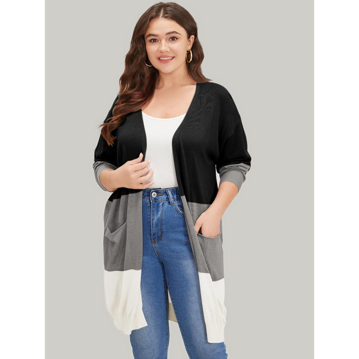 Plus Size Supersoft Essentials Colorblock Pocket Tunic Cardigan Black Women Casual Loose Long Sleeve Everyday Cardigans BloomChic 14-16/1X Product Image