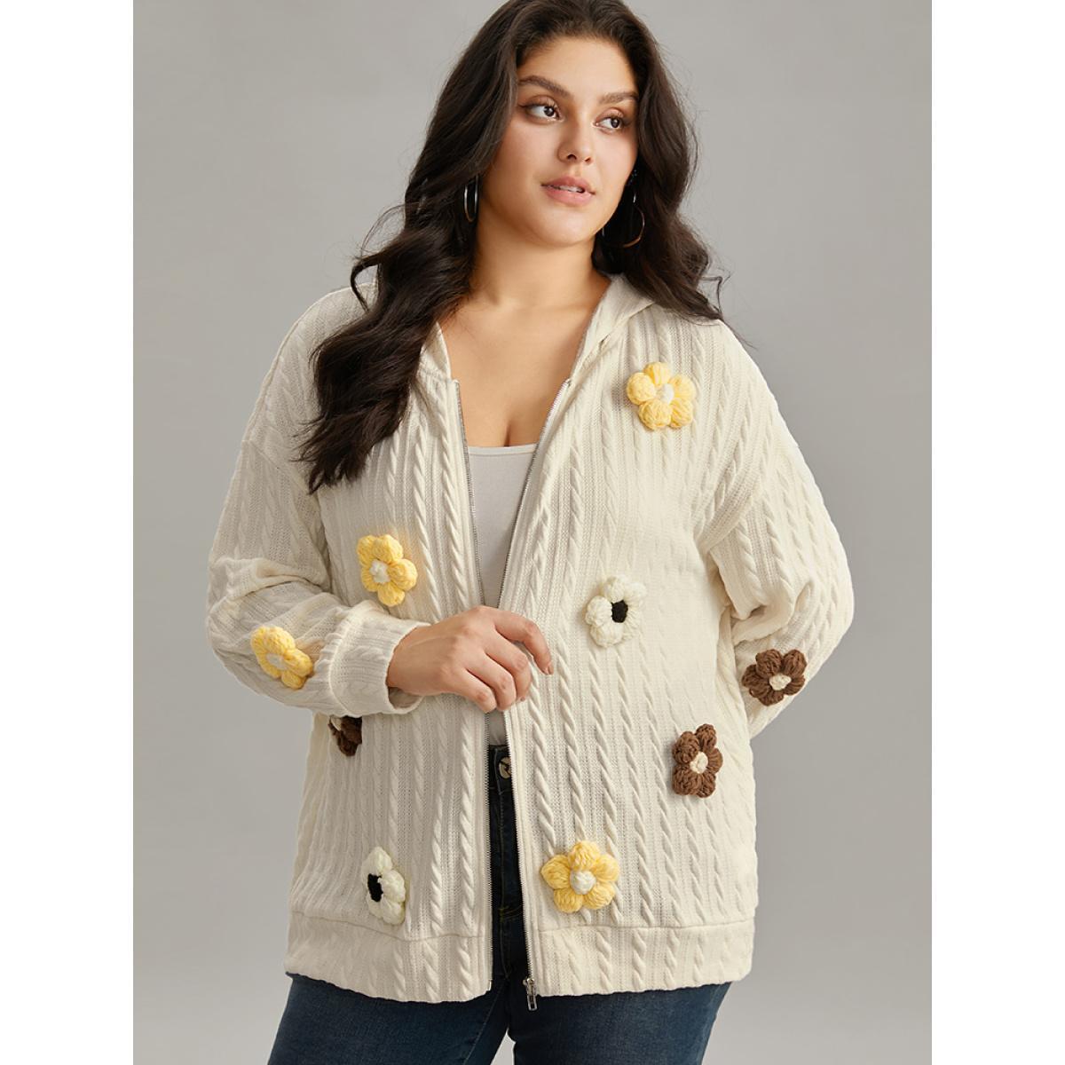 Plus Size Contrast Floral Detail Textured Zipper Fly Sweatshirt Women Apricot Elegant Texture Hooded Dailywear Sweatshirts BloomChic 14-16/1X Product Image