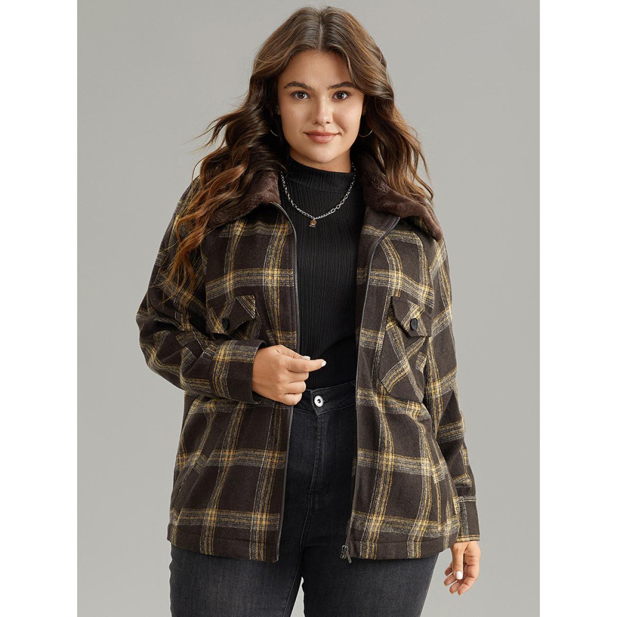 Plus Size Plaid Patchwork Fuzzy Trim Zipper Fly Coat Women DarkBrown Casual Contrast Ladies Everyday Winter Coats BloomChic 14-16/1X Product Image