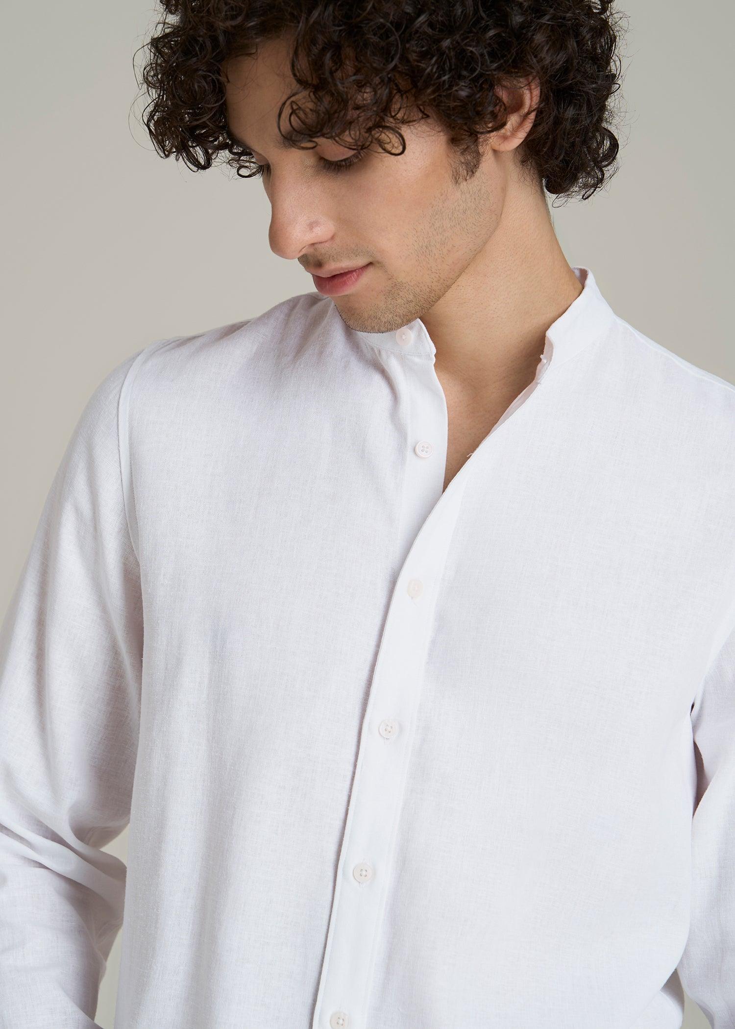 Band Collar Linen Button Shirt for Tall Men in Optic White Product Image