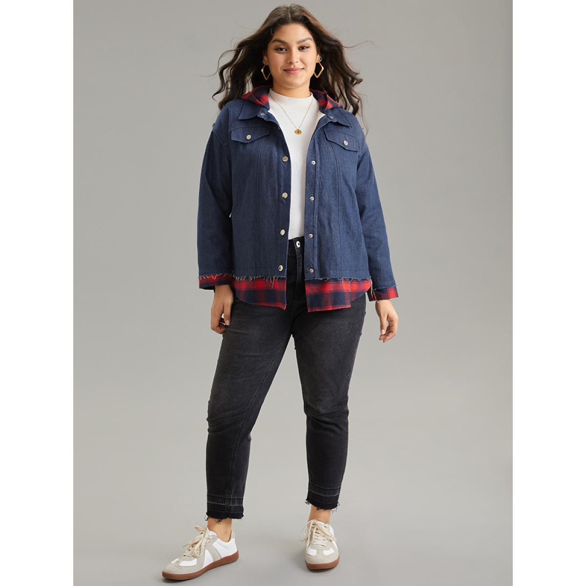 Plus Size Denim Plaid Patchwork Contrast Hooded Jacket Women Navy Casual Contrast Ladies Dailywear Winter Coats BloomChic 26/4X Product Image