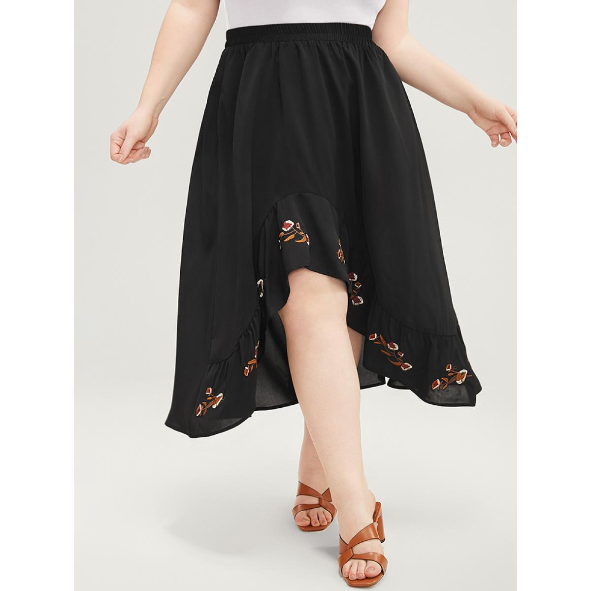 Plus Size Floral Embroidered Pocket Asymmetrical Hem Skirt Women Black Vacation Embroidered Loose No stretch Pocket Dailywear Skirts BloomChic 10/M Product Image