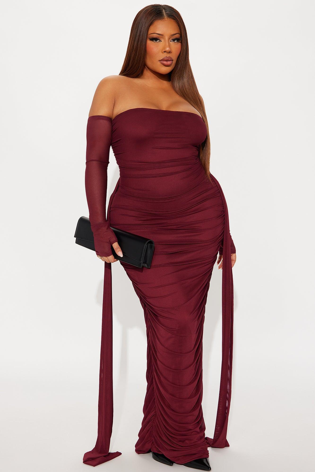 Kourtney Mesh Ruched Maxi Dress - Burgundy Product Image