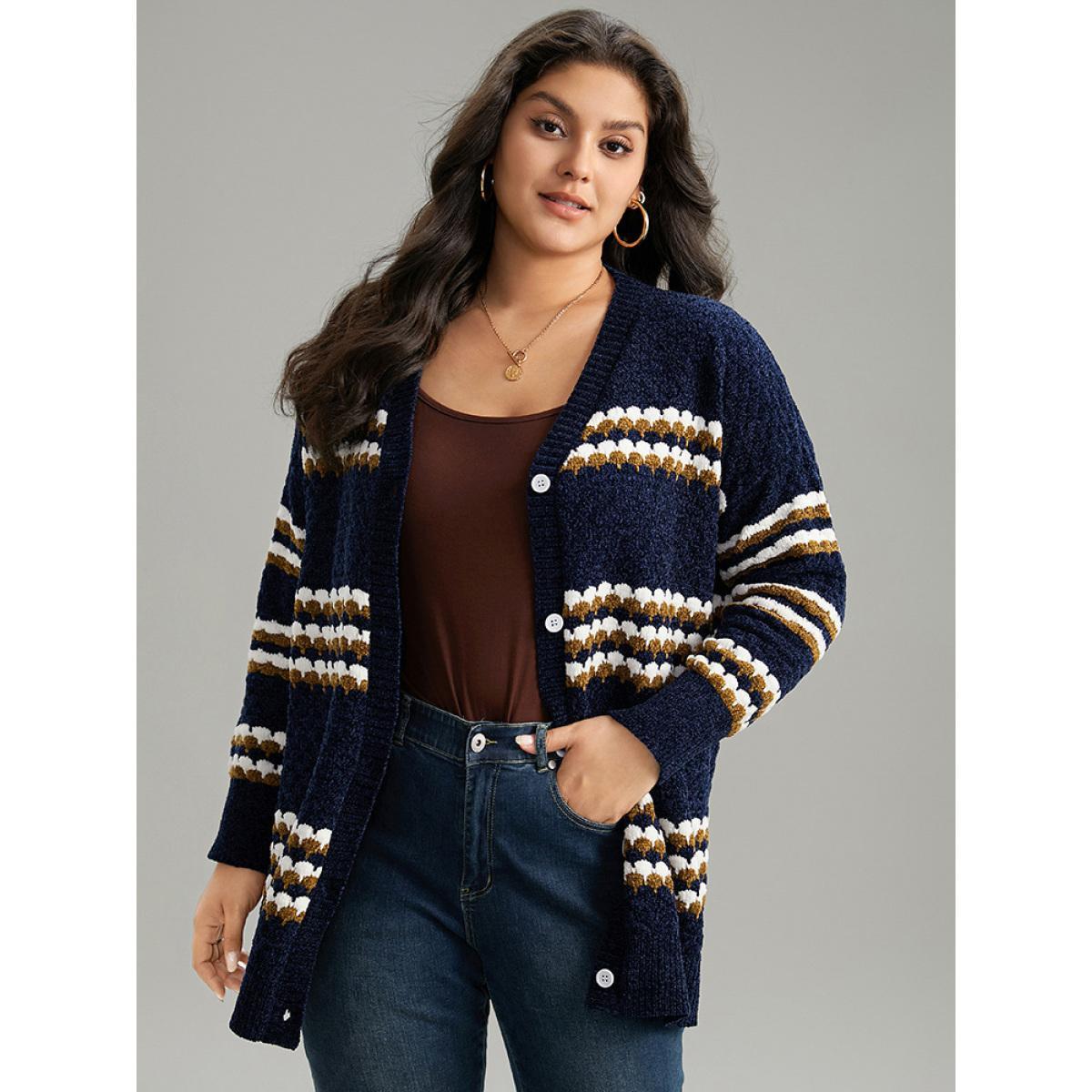 Plus Size Chenille Geo Button Through Cardigan Multicolor Women Casual Loose Long Sleeve Dailywear Cardigans BloomChic 12/L Product Image