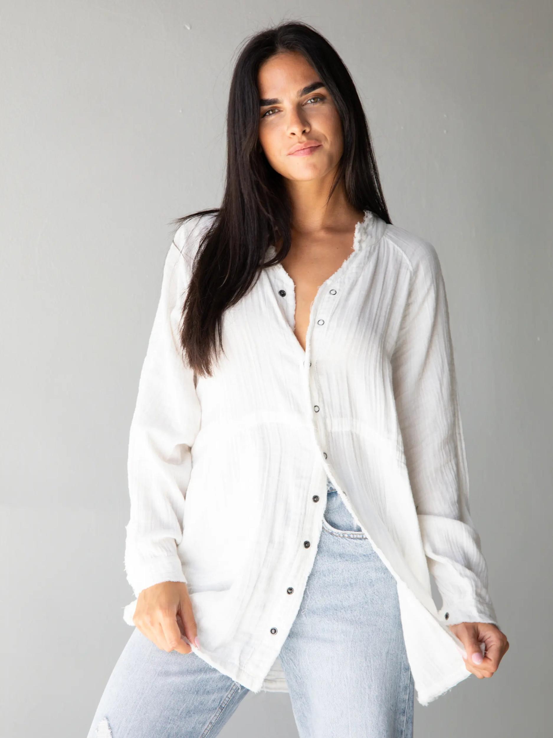 Laid Back Cotton Button Down Top - White Product Image