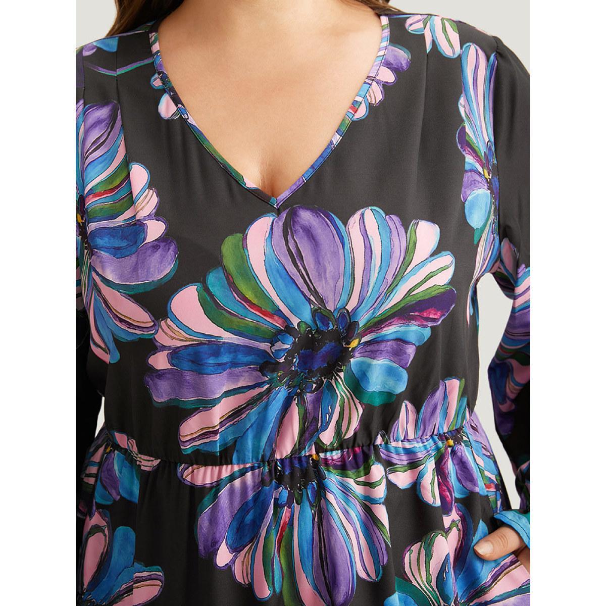 Plus Size Floral Print Flutter Trim Dress Black Women Office Printed V-neck Long Sleeve Curvy Midi Dress BloomChic 12/L Product Image