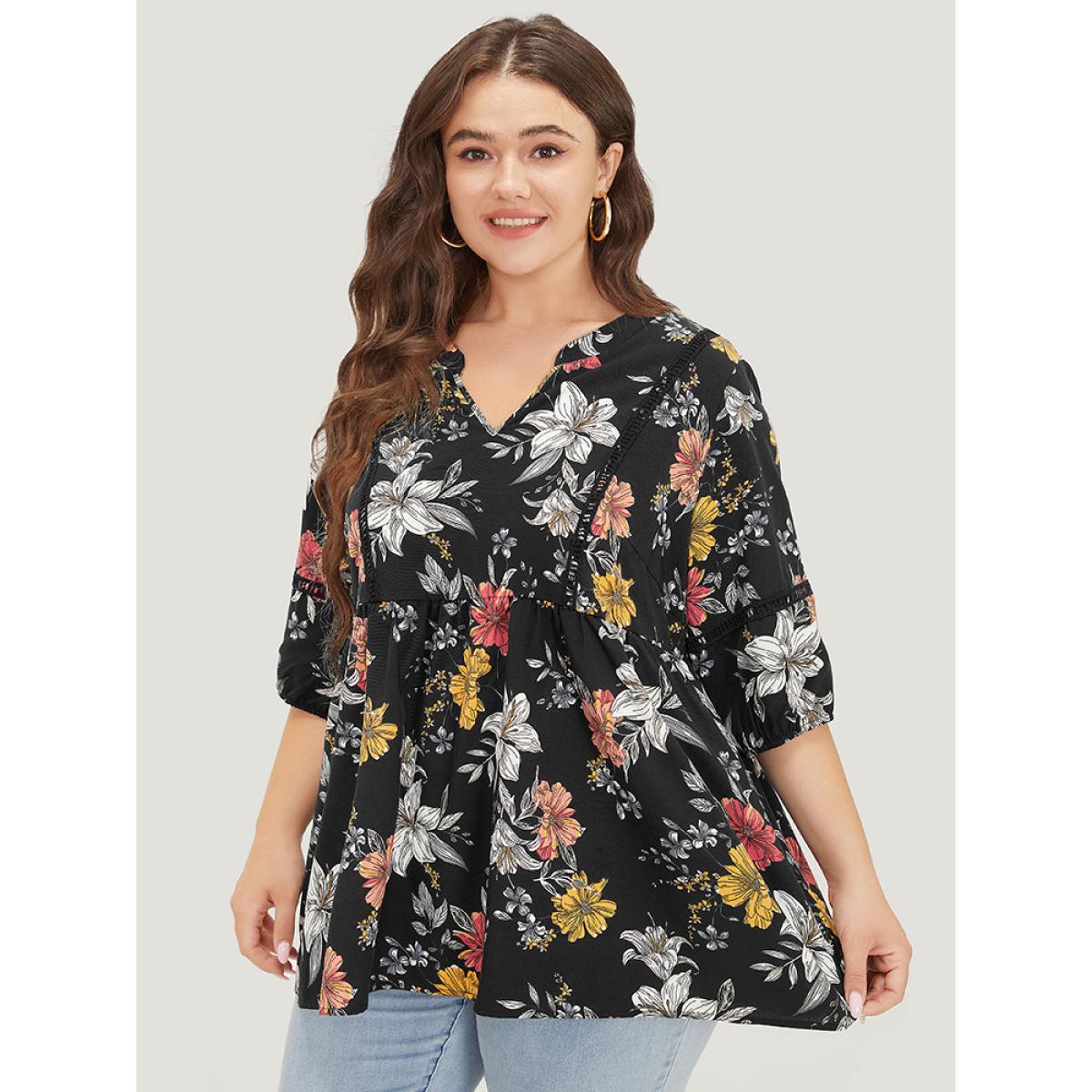 Plus Size Black Floral Lantern Sleeve Lace Gathered Notched Blouse Women Elegant Elbow-length sleeve Notched collar Dailywear Blouses BloomChic 26/4X Product Image