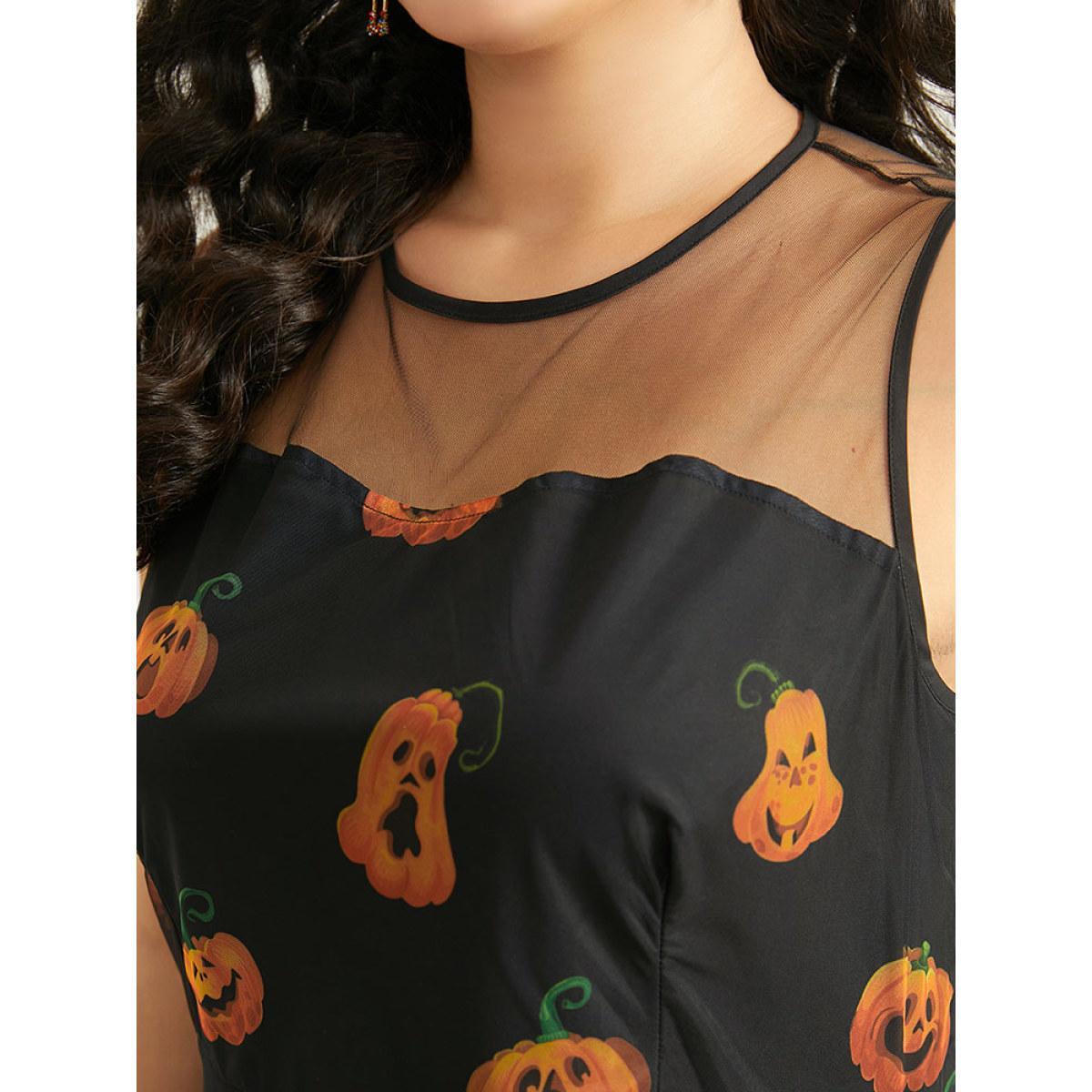 Plus Size Halloween Pumpkin Print Mesh Patchwork Tank Dress BlackFlower Women Elegant See through Round Neck Sleeveless Curvy Midi Dress BloomChic 30/6X Product Image