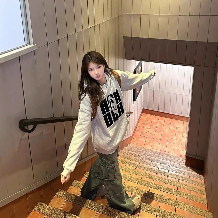 Long Sleeve Lettering Print Loose-Fit Hooded Sweatshirt Product Image