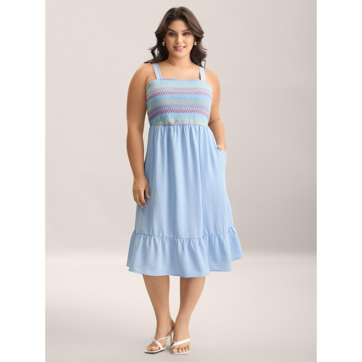 Plus Size Shirred Adjustable Straps Tiered Midi Dress LightBlue Women Non Sleeveless Curvy BloomChic 12/L Product Image