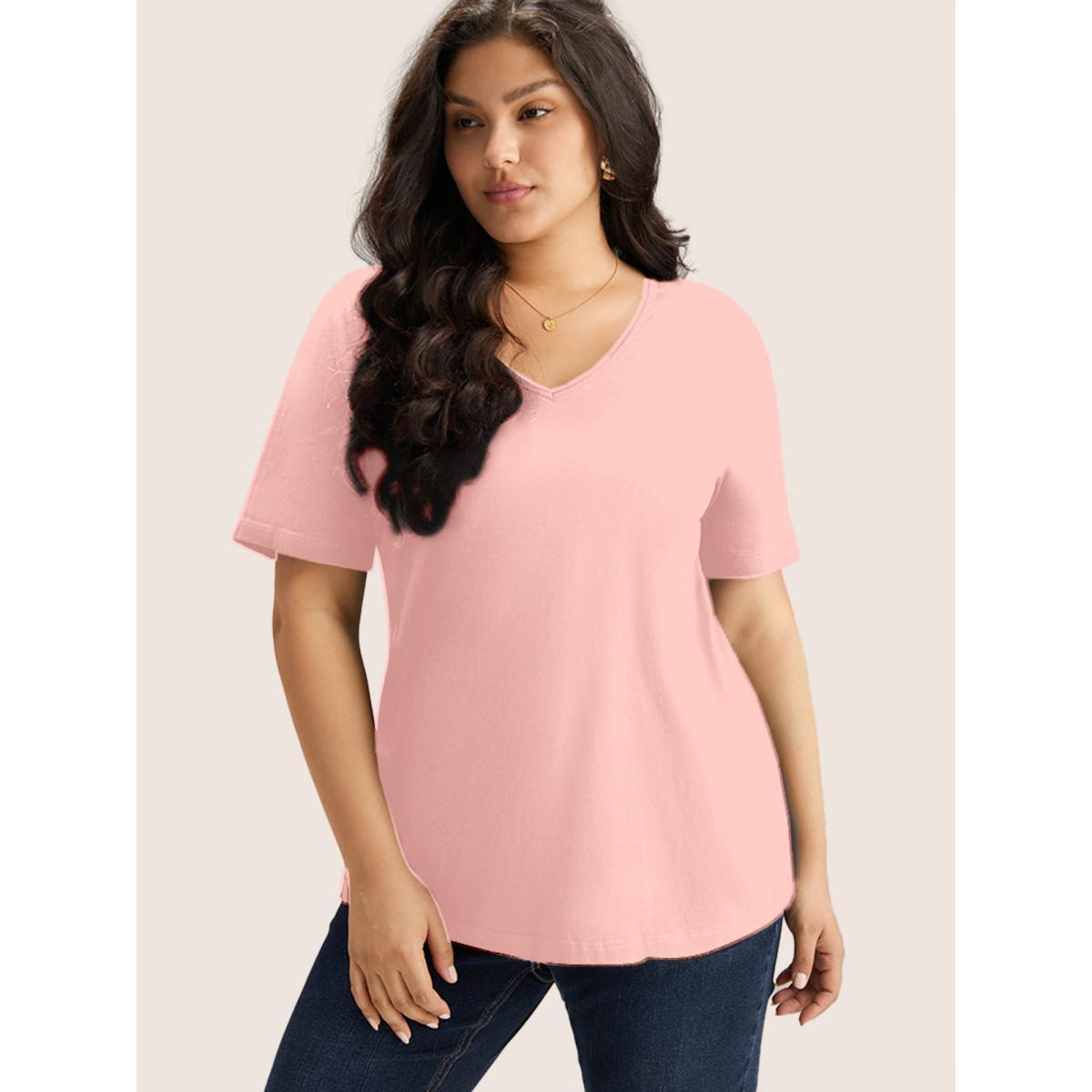 Plus Size Cotton V Neck Plain Basic T-shirt Lightpink Women Basics Non Plain V-neck Everyday T-shirts BloomChic 14-16/1X Product Image