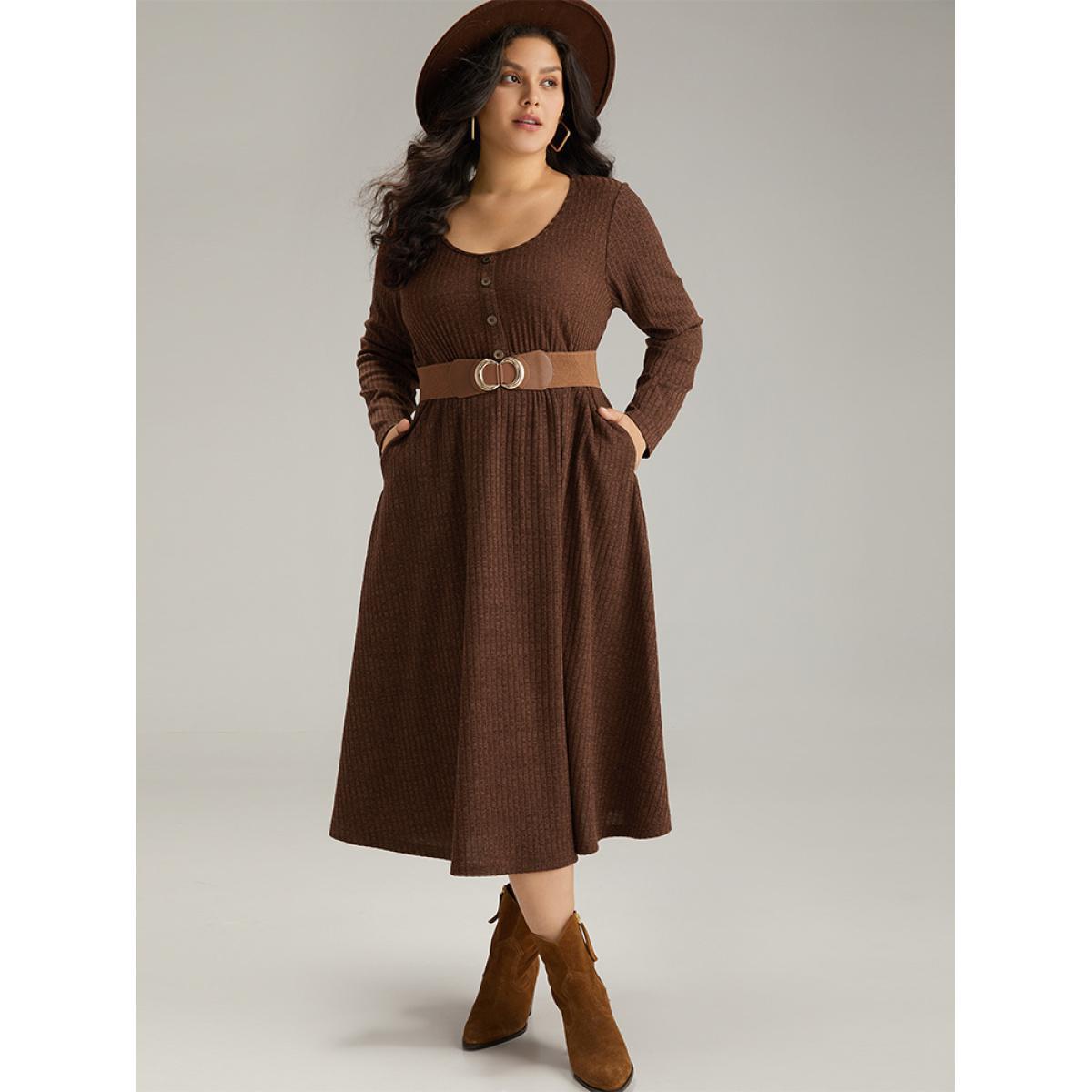 Plus Size Rib Knit Button Detail Gathered Dress DarkBrown Women Casual Texture Round Neck Long Sleeve Curvy Midi Dress BloomChic 30/6X Product Image