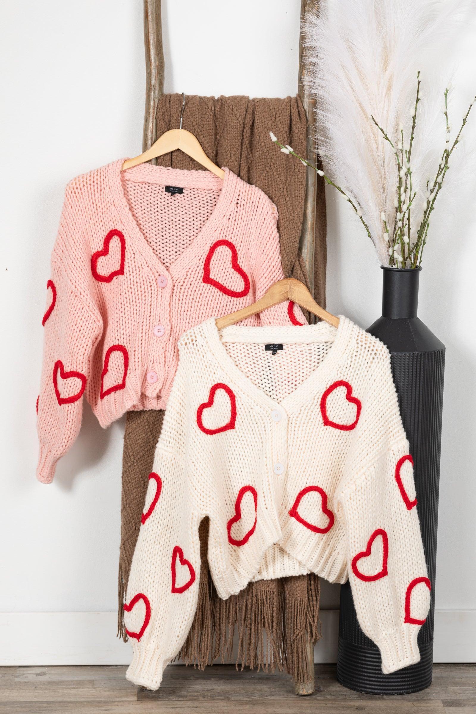 Button Up Cardigan With Embroidered Hearts Product Image