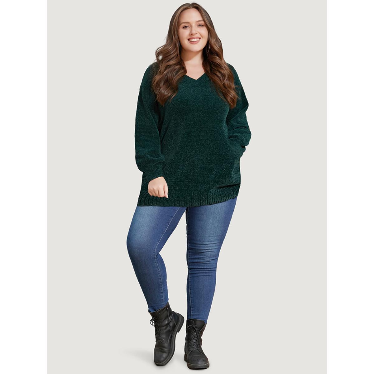Plus Size Solid Chenille Knit Lantern Sleeve V Neck Knit Top DarkGreen Women Elegant Long Sleeve V-neck Dailywear Pullovers BloomChic 18-20/2X Product Image