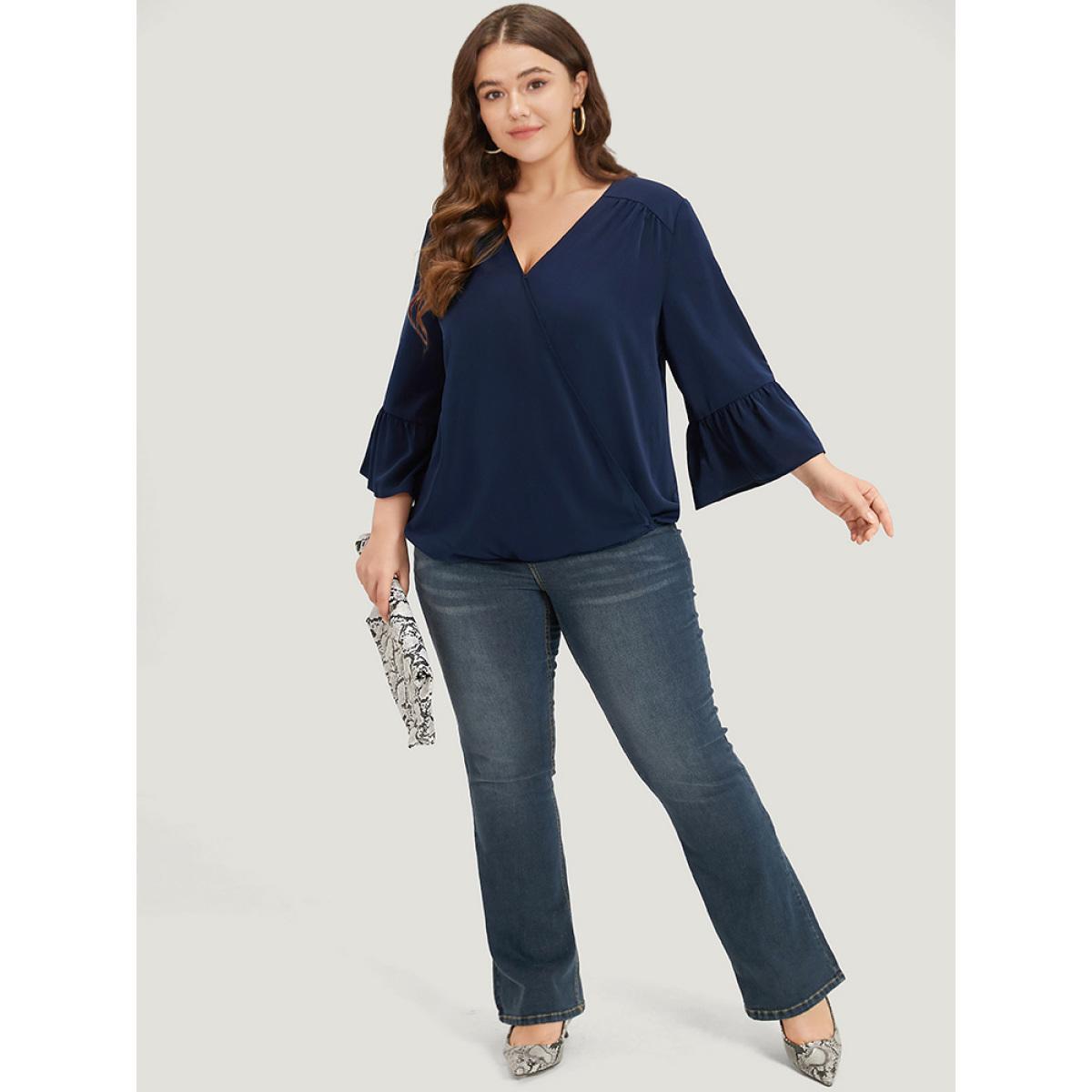 Plus Size Indigo Anti-Wrinkle Plain Surplice Neck Bell Sleeve Blouse Women Office Elbow-length sleeve V-neck Work Blouses BloomChic 18-20/2X Product Image