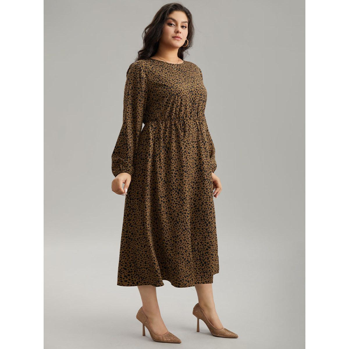 Plus Size Leopard Print Pocket Split Side Keyhole Dress DarkBrown Women Elegant Elastic cuffs Round Neck Long Sleeve Curvy Midi Dress BloomChic 18-20/2X Product Image