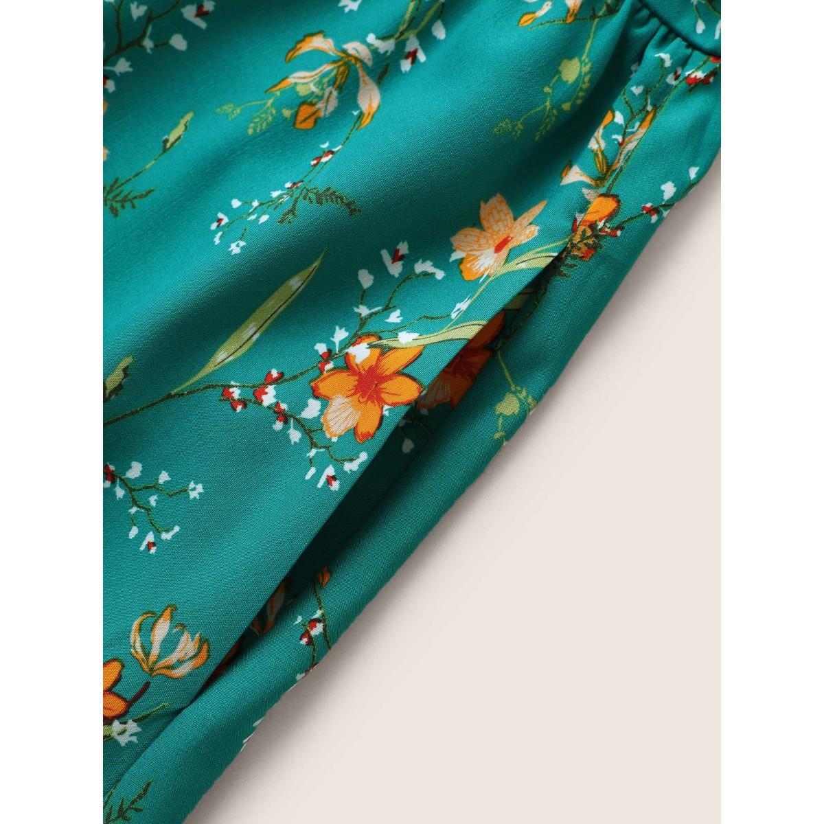 Plus Size Ditsy Floral Flutter Trim Pocket Layered Hem Dress Teal Women Elegant Non Overlap Collar Cap Sleeve Curvy Midi Dress BloomChic 10/M Product Image