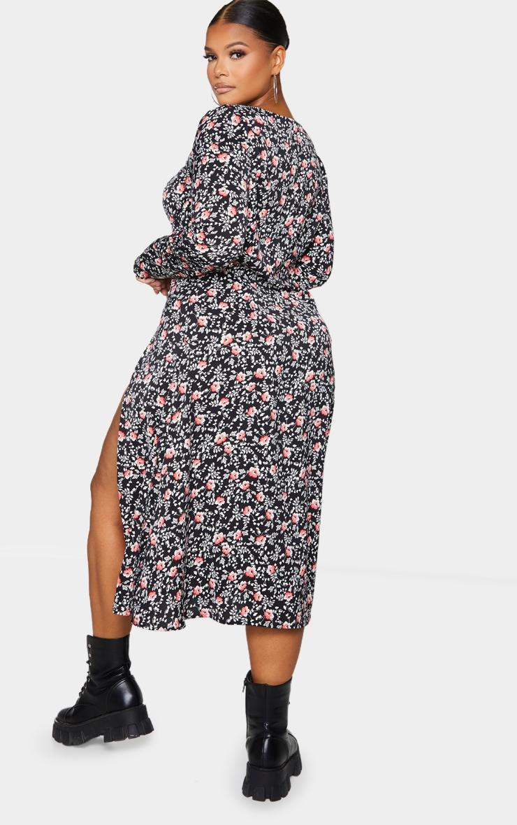 Plus Black Floral Print Cupped Split Detail Midi Dress Product Image