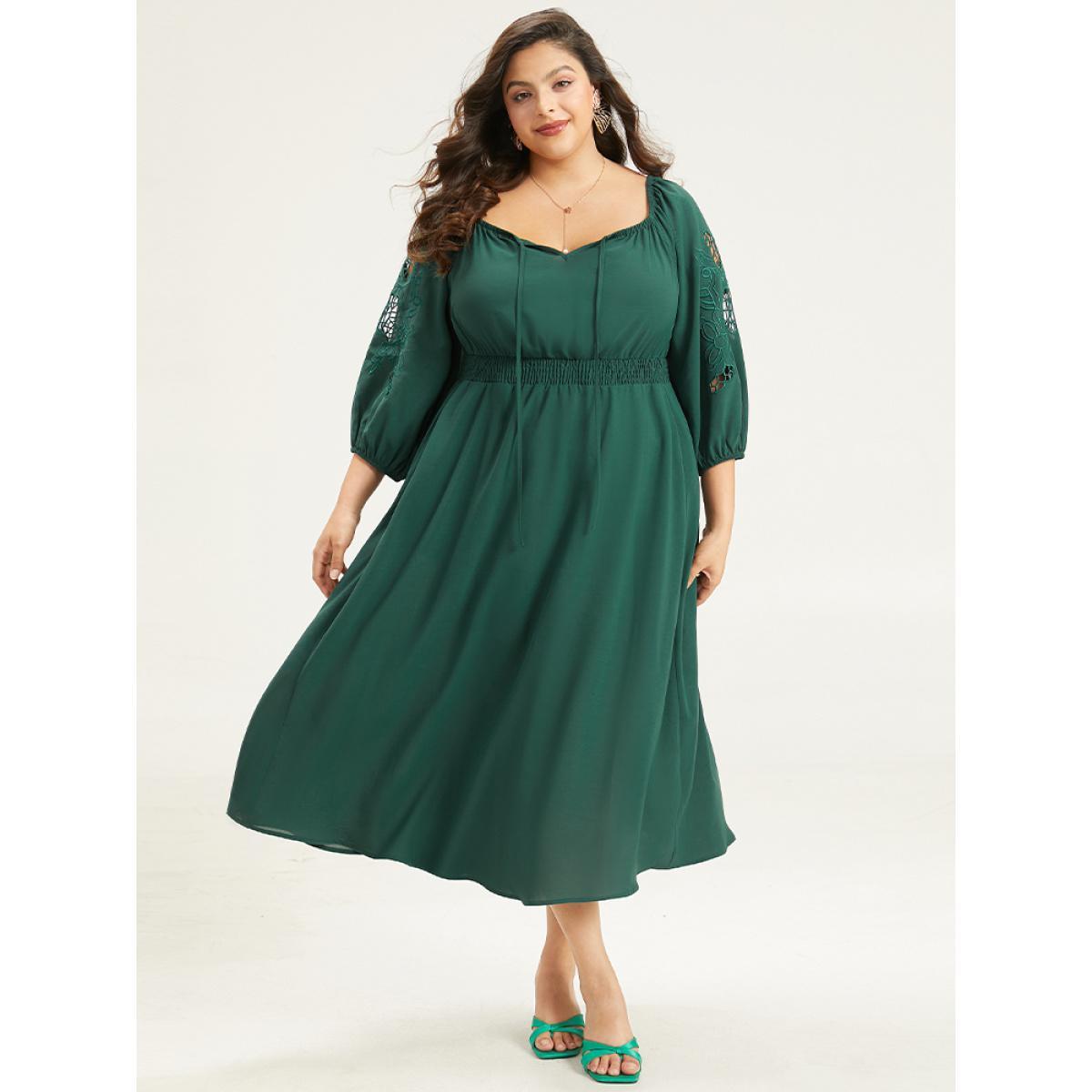 Plus Size Plain Tie Neck Cut Out Shirred Dress DarkGreen Women Elegant Elastic cuffs Square Neck Long Sleeve Curvy Midi Dress BloomChic 22-24/3X Product Image