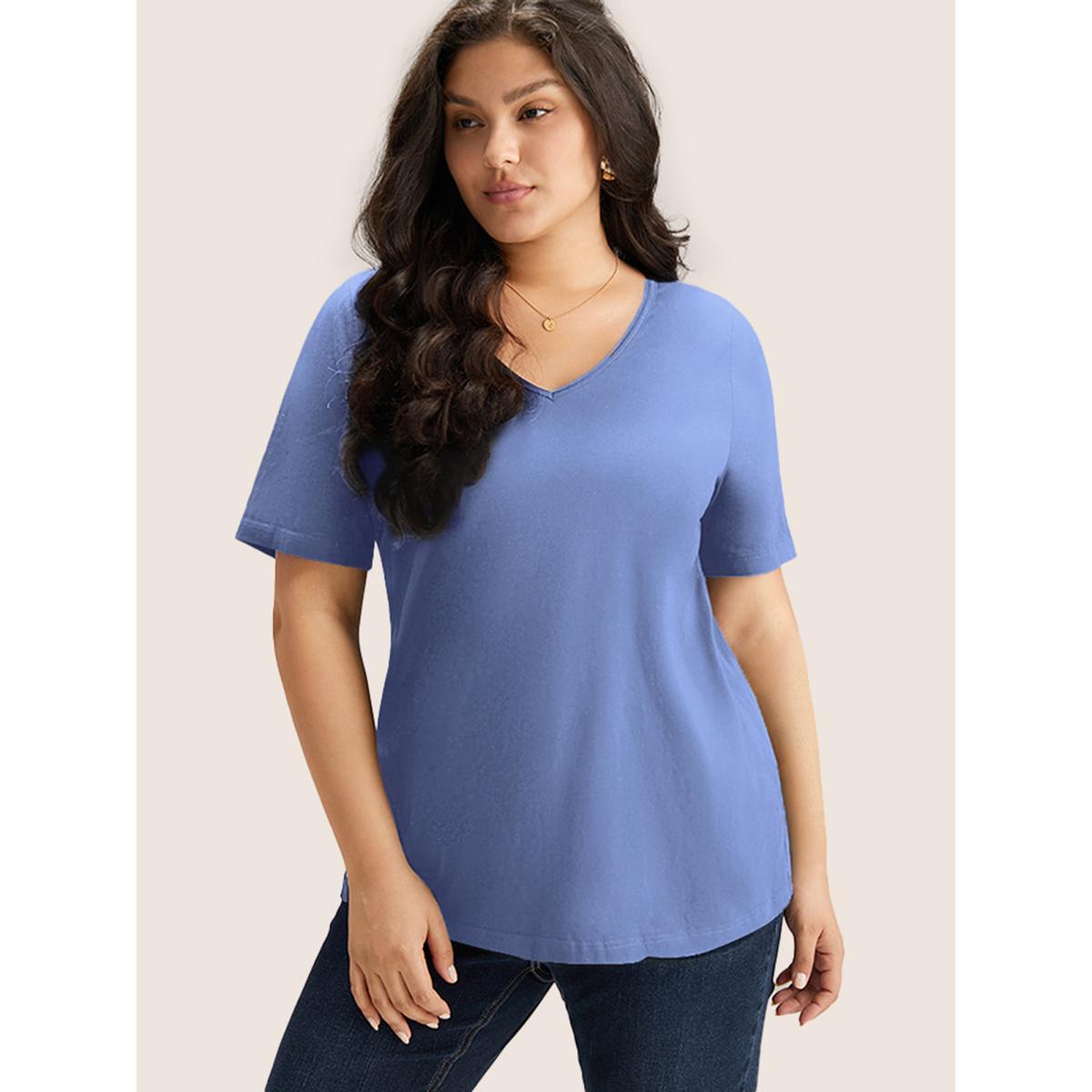Plus Size Cotton V Neck Plain Basic T-shirt Stone Women Basics Non Plain V-neck Everyday T-shirts BloomChic 30/6X Product Image