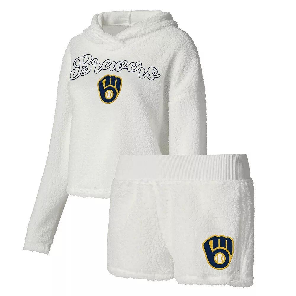 Women's Concepts Sport Cream Milwaukee Brewers Fluffy Hoodie Top & Shorts Sleep Set, Size: Medium, Beige Product Image