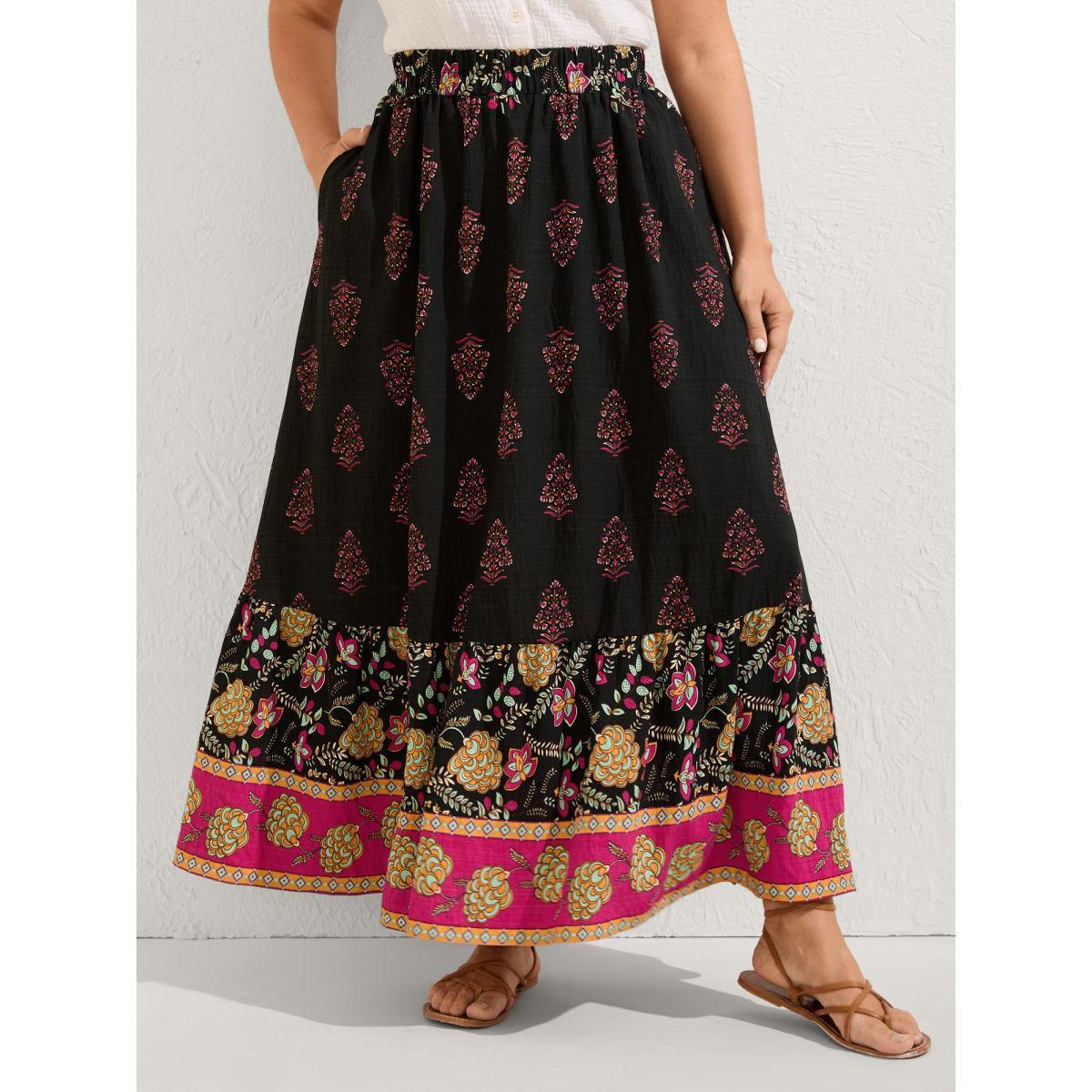 Plus Size Boho Floral Waist Stretchy Midi Skirt Women DarkGray Resort Bodycon Low stretch Side seam pocket Vacation Skirts BloomChic 28/5X Product Image