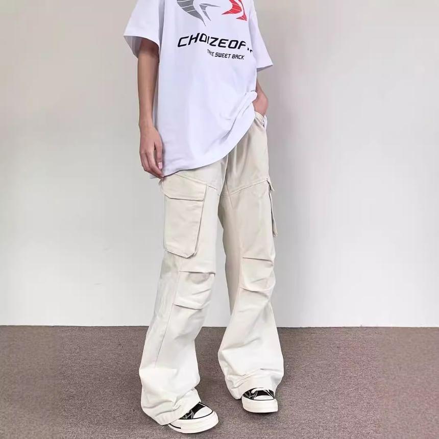 High Waist Plain Pocket Straight-Fit Wide-Leg Cargo Pants Product Image