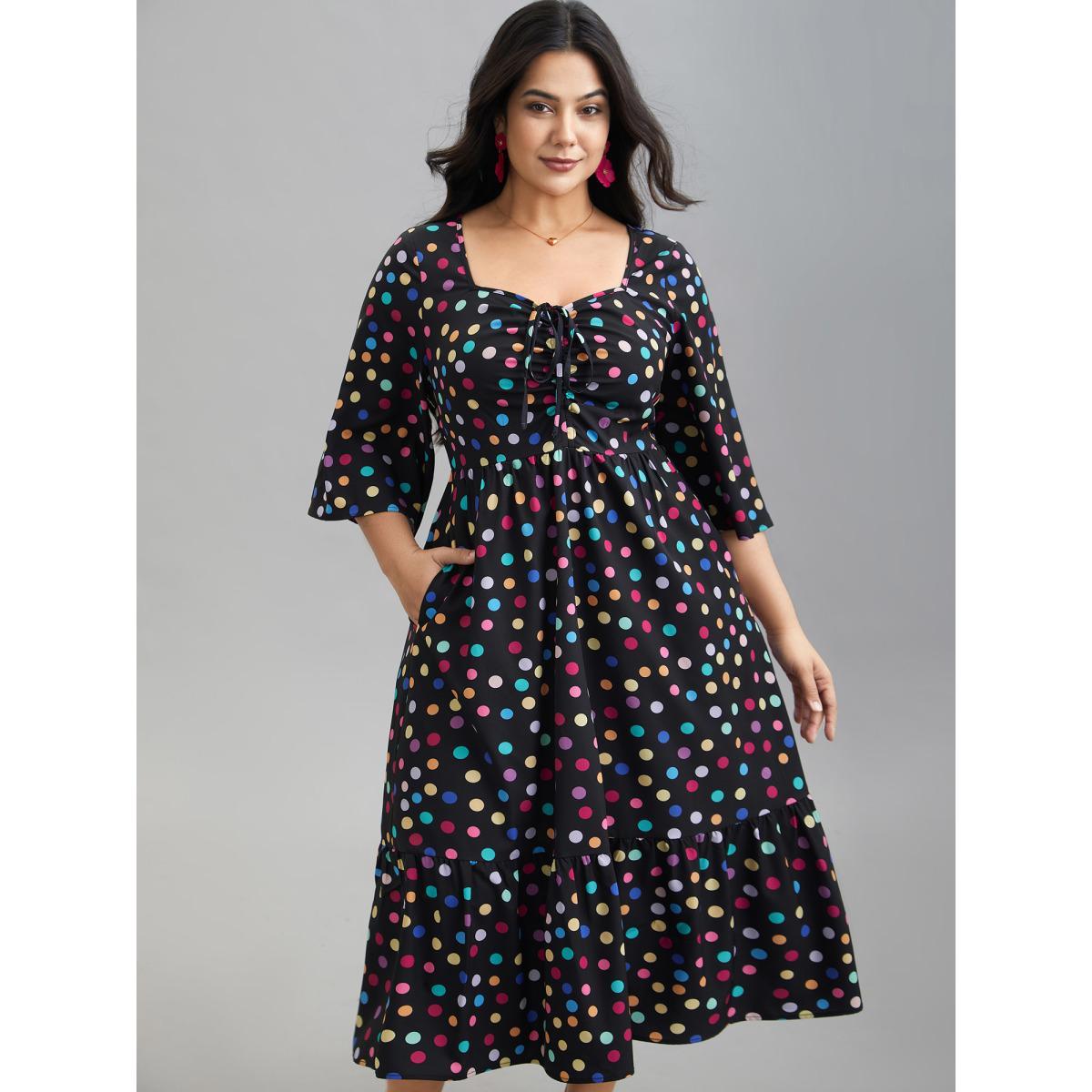 Plus Size Multi-Color Dots Sweetheart Neckline Midi Dress Multicolor Women Elegant Drawstring Heart neckline Elbow-length sleeve Curvy BloomChic 22-24/3X Product Image