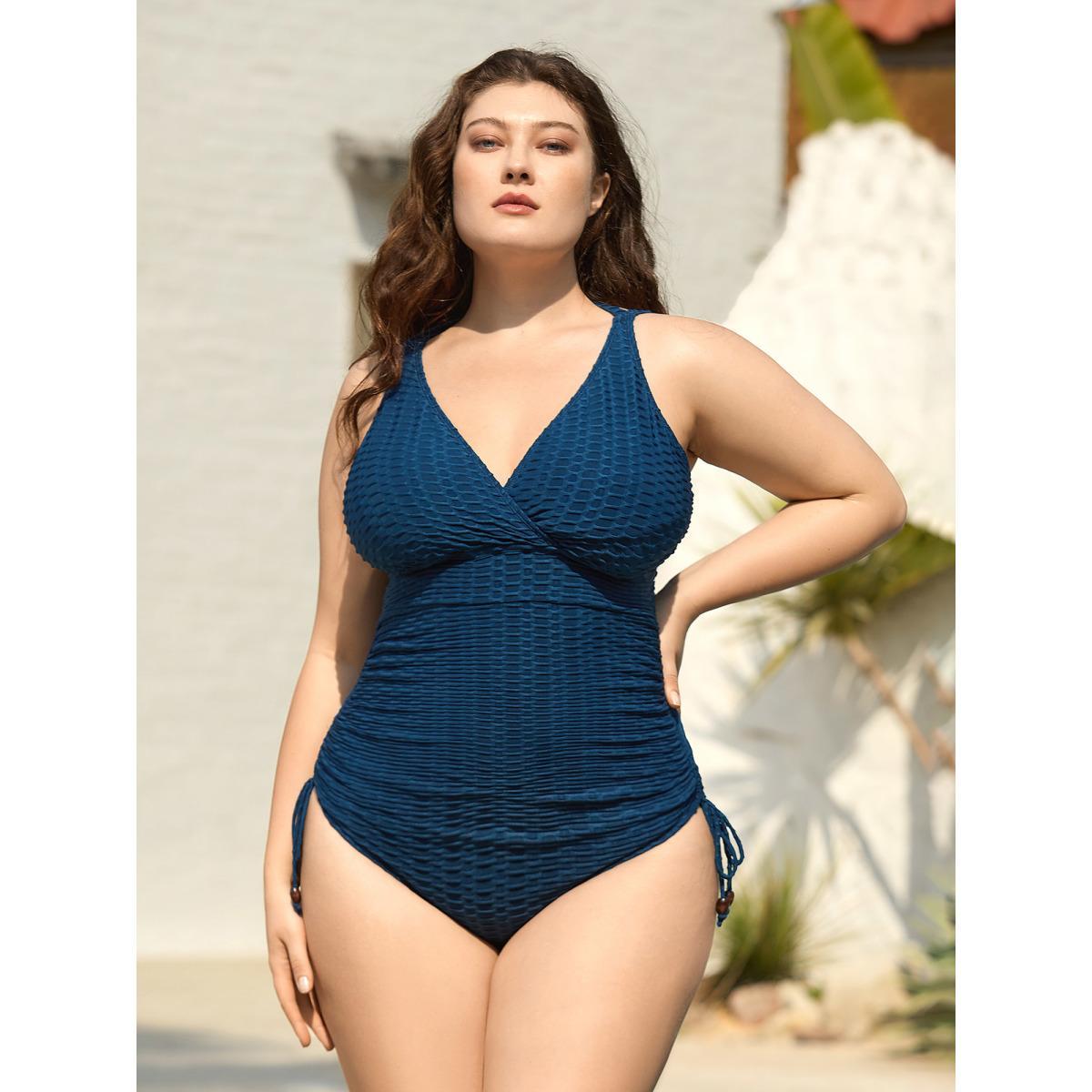 Plus Size Textured Drawstring Halter Neck One-Piece Swimsuit Women's Swimwear Cyan Beach Tie knot Curve Bathing Suits High stretch One Pieces BloomChic 28/5X Product Image