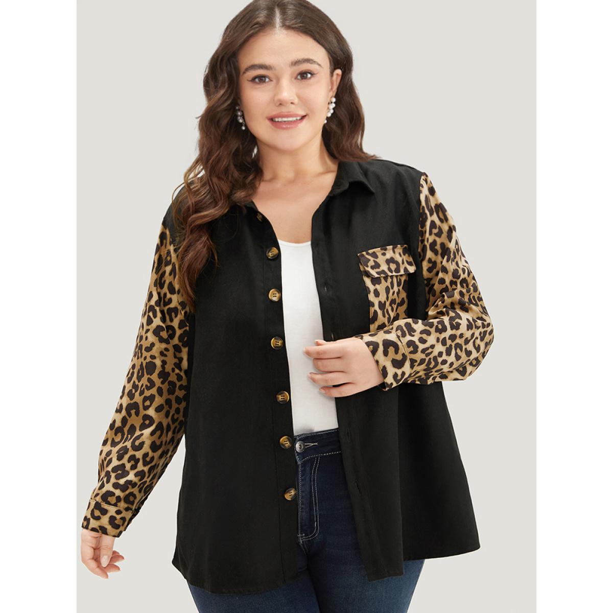 Plus Size Leopard Patchwork Contrast Button Up Coat Women Black Contrast Pocket Dailywear Jackets BloomChic 14-16/1X Product Image