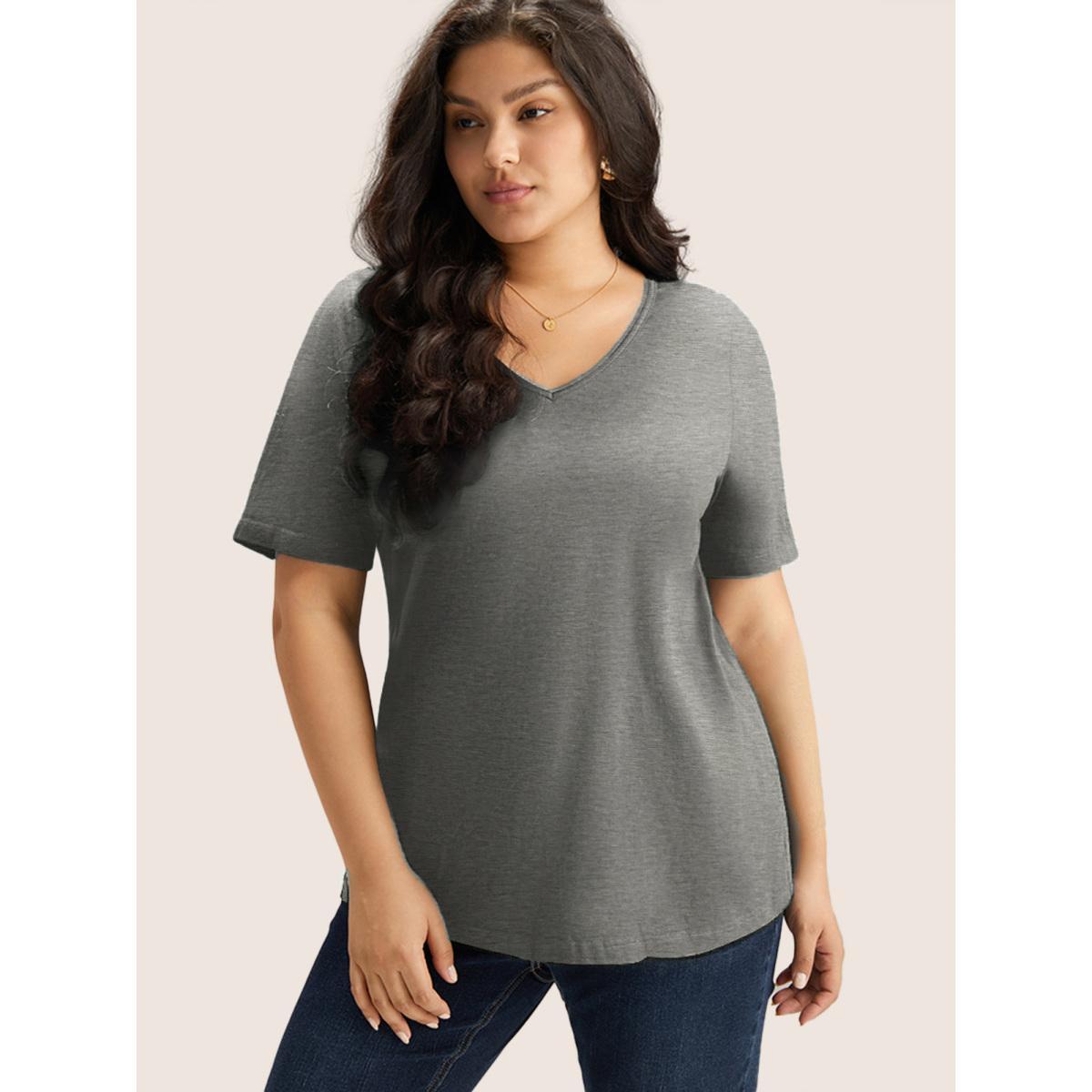 Plus Size Cotton V Neck Plain Basic T-shirt Mediumgray Women Basics Non Plain V-neck Everyday T-shirts BloomChic 12/L Product Image