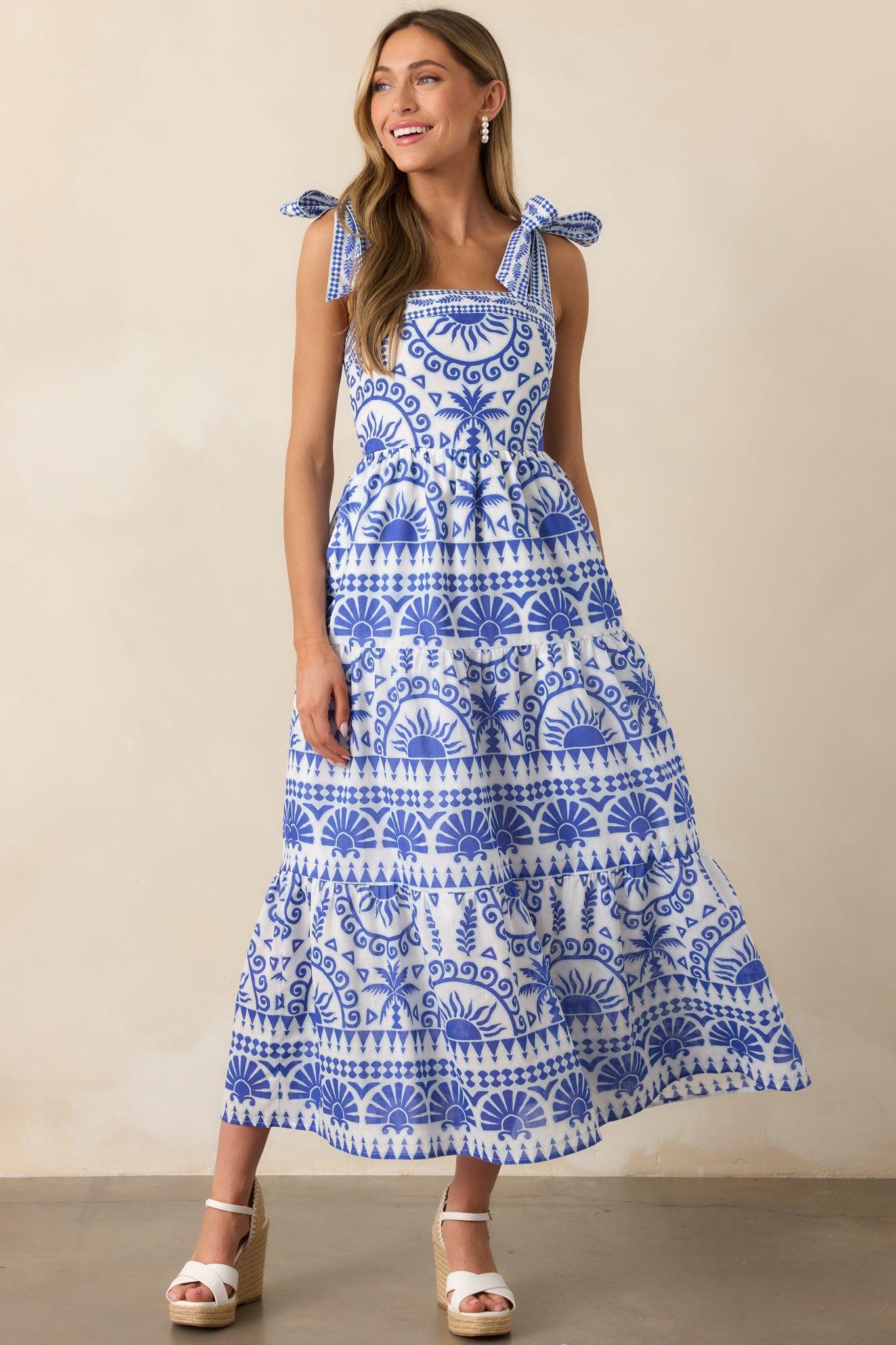 Afternoon Sips Cotton Blue Tropical Print Maxi Dress Product Image
