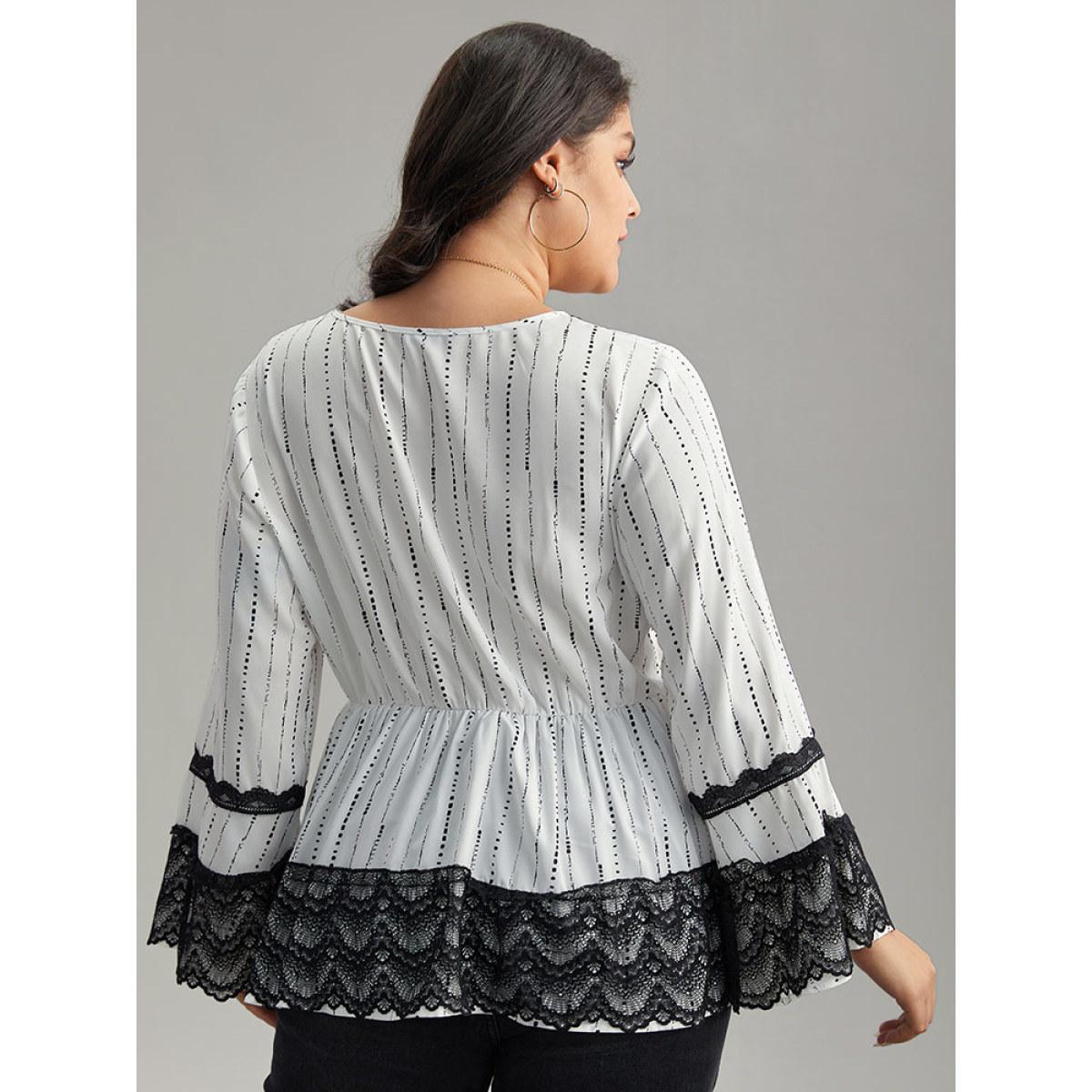Plus Size White Dot Striped Contrast Lace Elastic Waist Blouse Women Elegant Long Sleeve Round Neck Dailywear Blouses BloomChic 30/6X Product Image