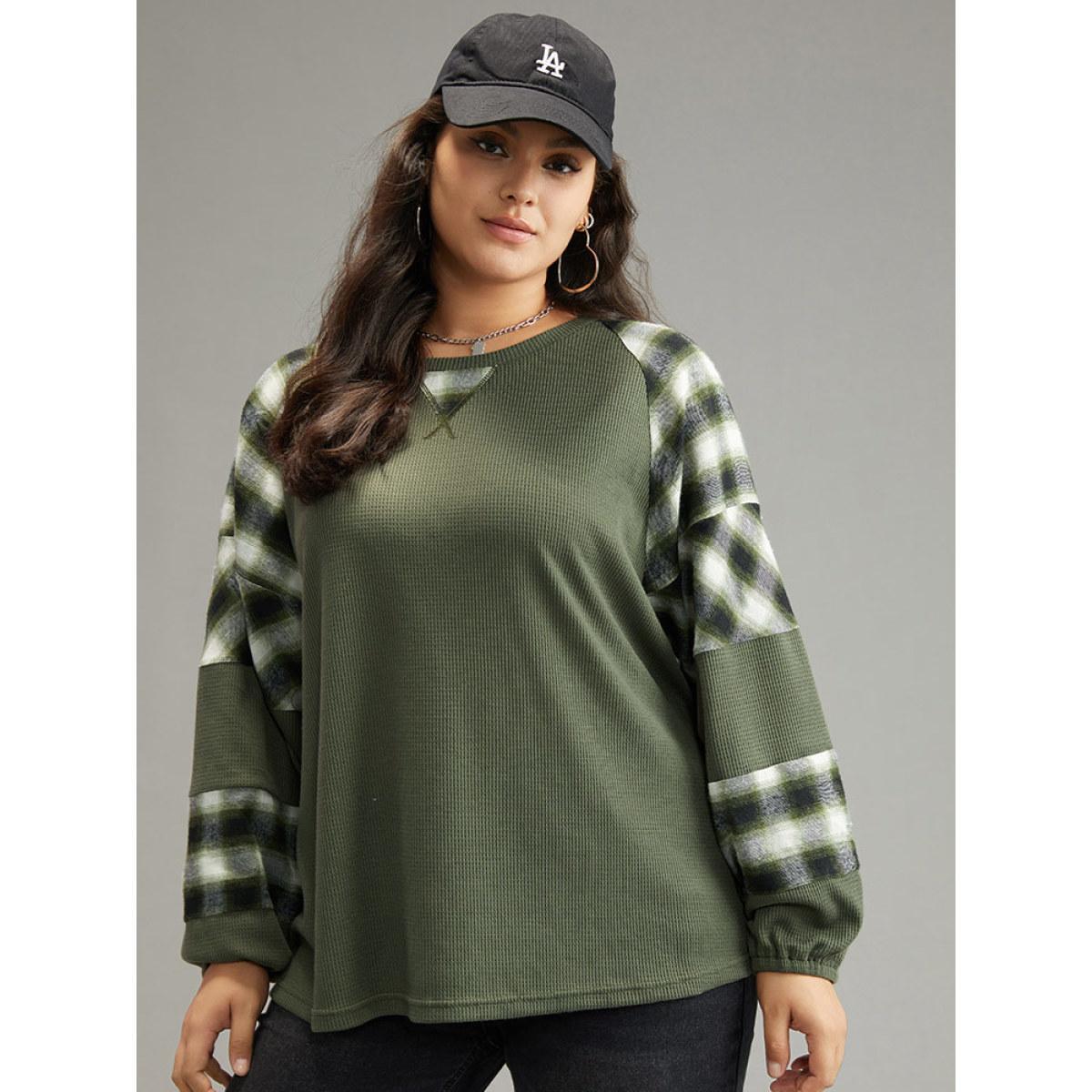Plus Size Plaid Patchwork Rib Knit Elastic Cuffs Sweatshirt ArmyGreen Women Casual Elastic cuffs Plaid Round Neck Dailywear T-shirts BloomChic 26/4X Product Image