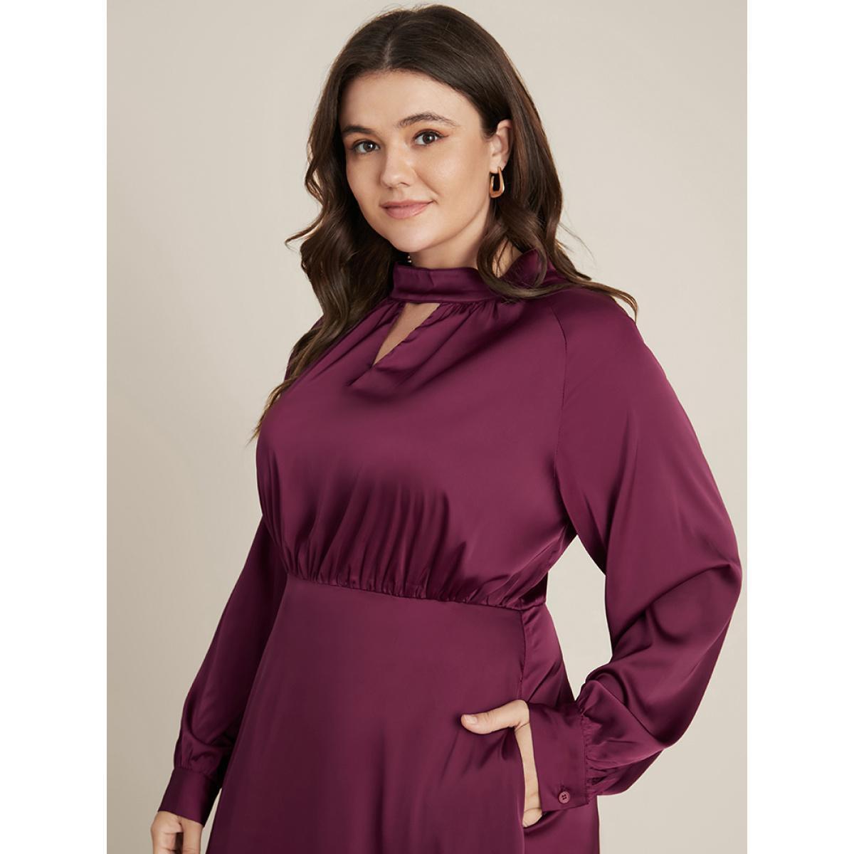 Plus Size Solid Pocket Keyhole Mock Neck Satin Midi Dress RedViolet Women Party Pocket Mock Neck Long Sleeve Curvy Midi Dress BloomChic 12/L Product Image