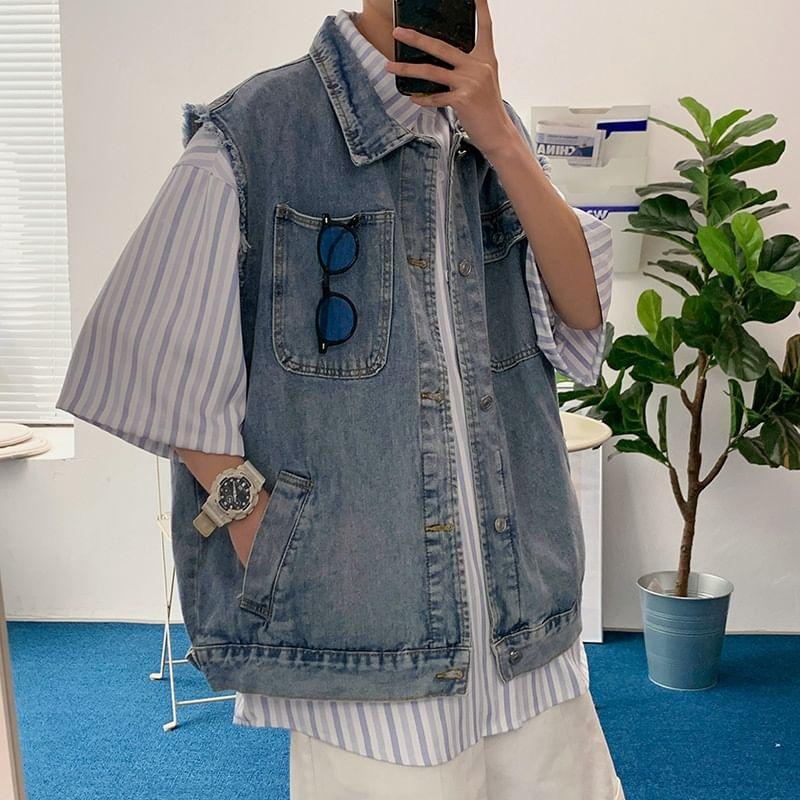 Collar Washed Denim Button Vest Product Image