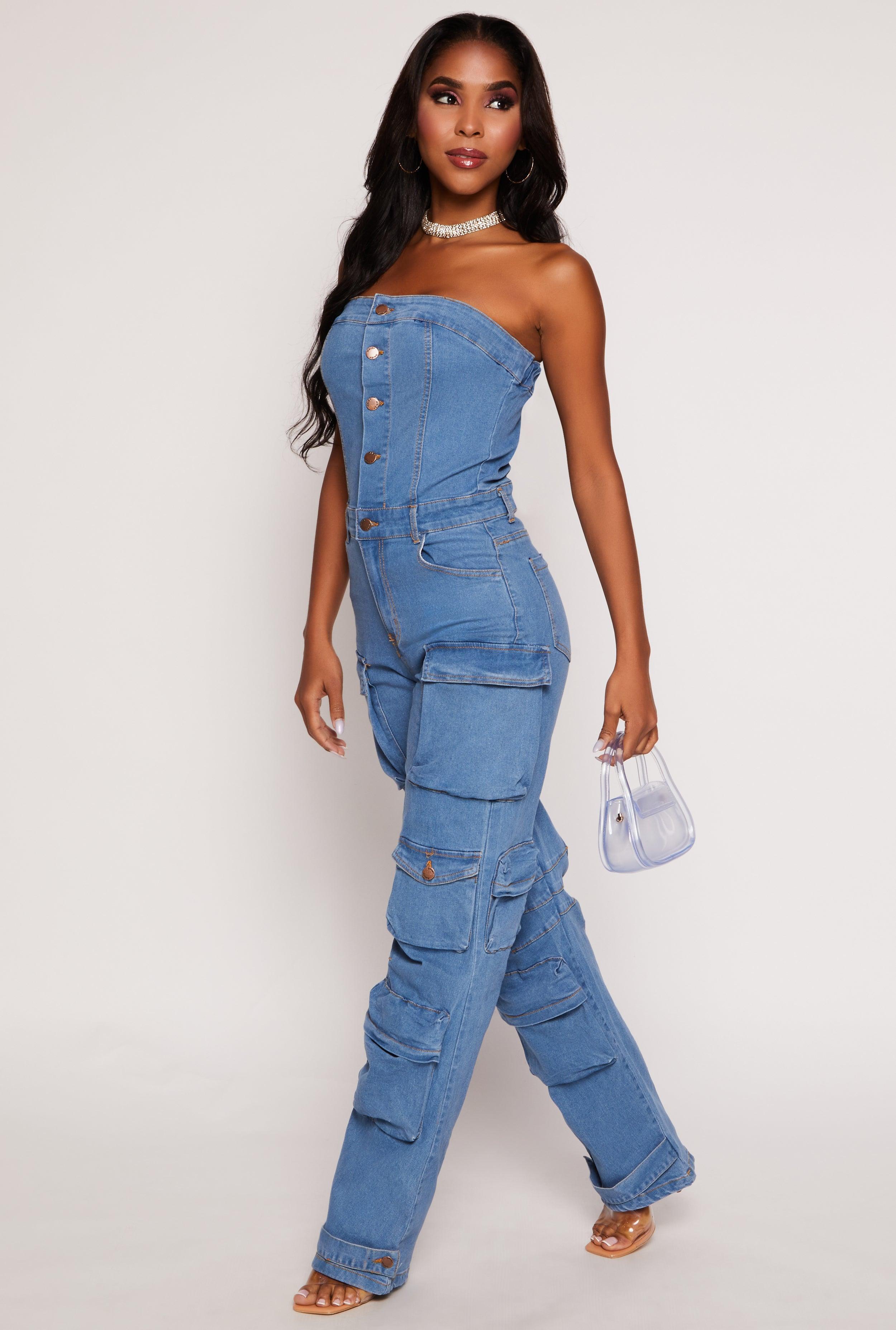 Womens Daisy Denim Strapless Button Front Cargo Jumpsuit Product Image