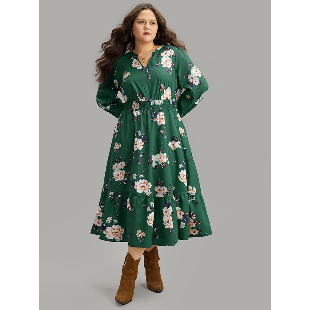 Plus Size Floral Print Notched Shirred Elastic Cuffs Dress DarkGreen Women Elegant Elastic cuffs Notched collar Long Sleeve Curvy Midi Dress BloomChic 14-16/1X Product Image