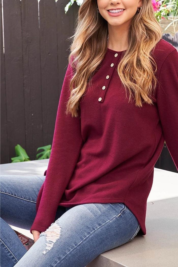 Button Detail Long Sleeve Round Hem Solid Top Product Image