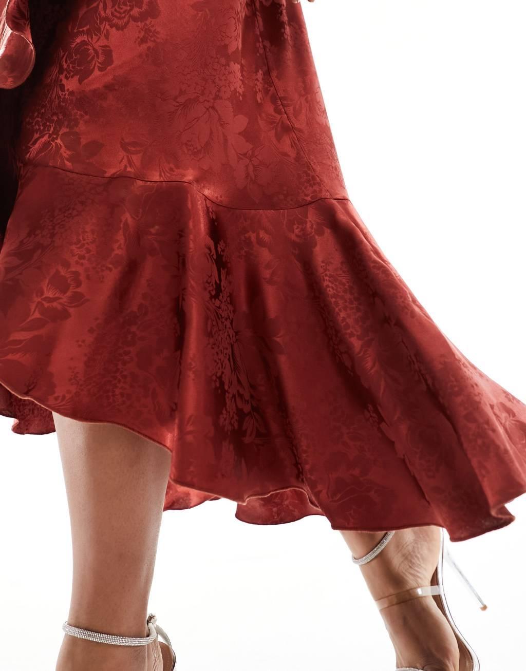 Flounce London Plus satin wrap midaxi skirt in rust Product Image