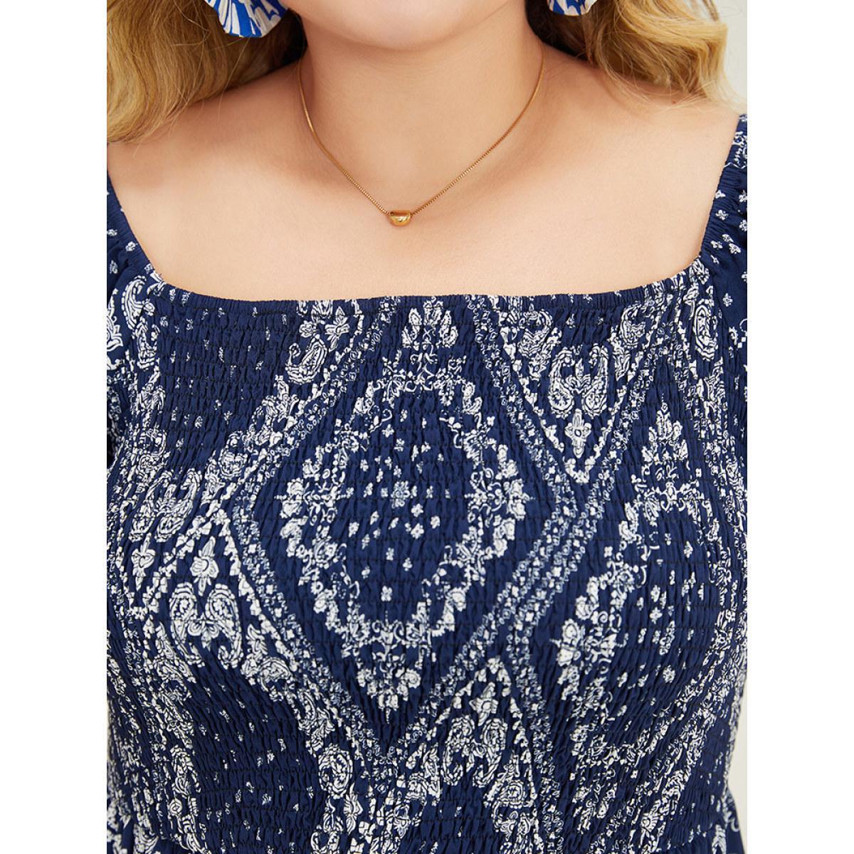 Plus Size Paisley & Moroccan Print Pocket Shirred Square Neck Split Dress DarkBlue Women Vacation Slit One-shoulder neck Short sleeve Curvy Midi Dress BloomChic 28/5X Product Image