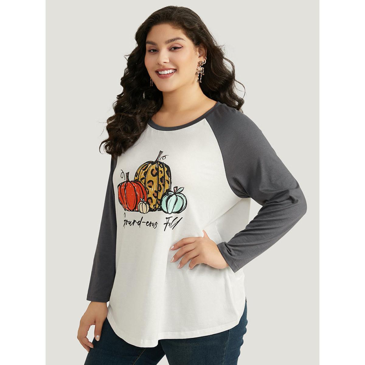 Plus Size Halloween Pumpkin & Letter Print Raglan Sleeve T-shirt White Women Casual Contrast Halloween Festival-Halloween T-shirts BloomChic 22-24/3X Product Image